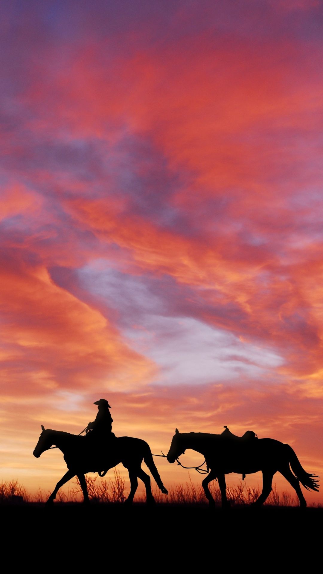 1080x1920 Cowboy Wallpaper 4K, Horses, Silhouette, Dawn, Sunset