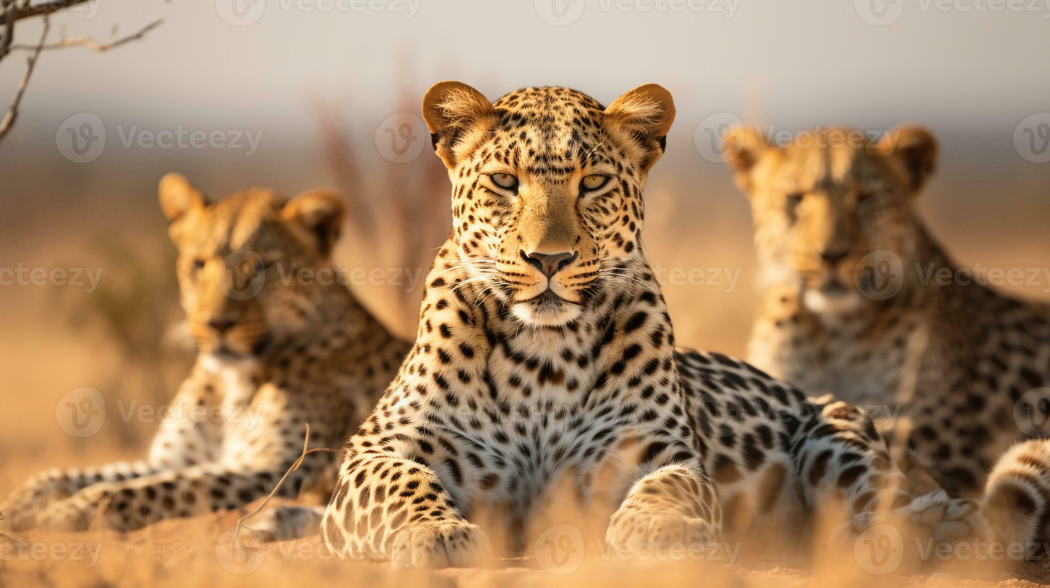 3497x1960 Photo of a herd of African Leopard resting in an open area on the Savanna. Generative AI