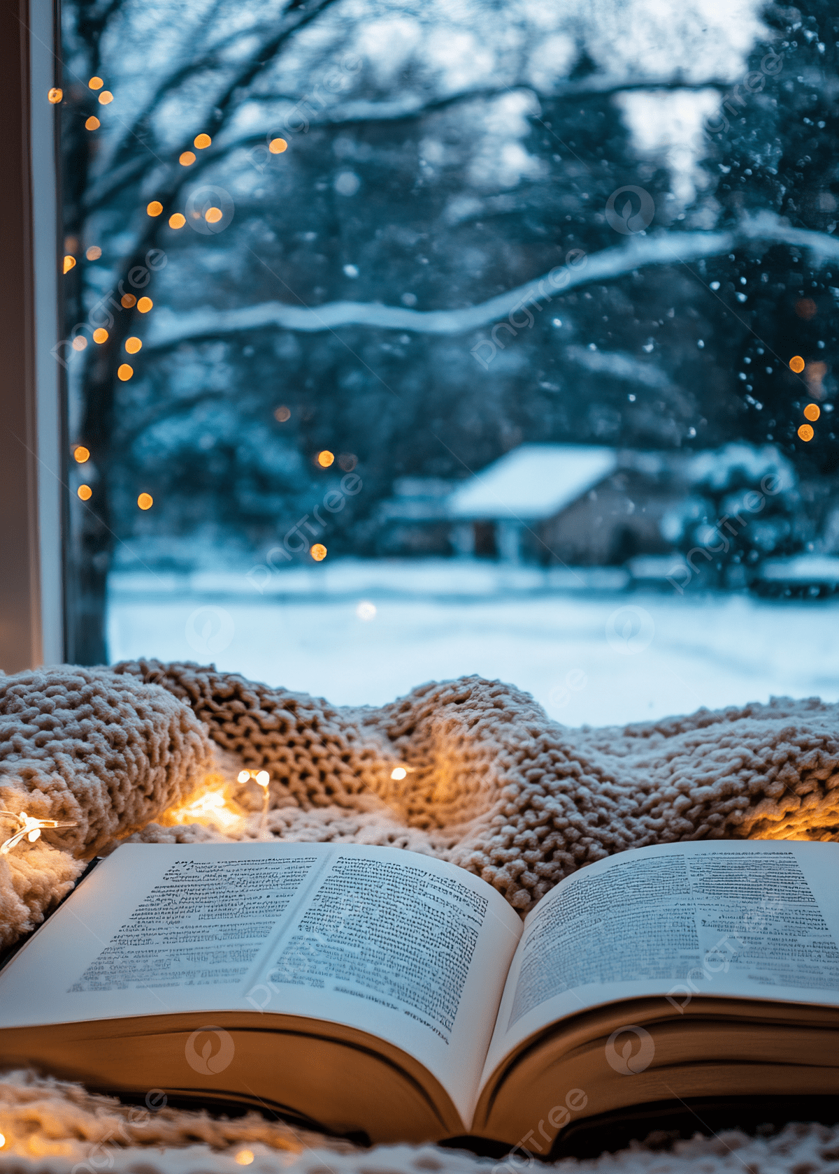 1200x1680 Cozy Winter Scene With A Book By The Window During Snowy Day Fairy Lights Background Wallpaper Image For Free Download