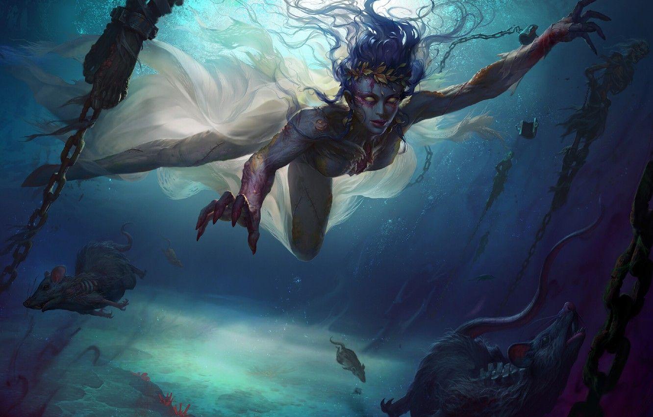 1332x850 Wallpaper look, water, girl, fantasy, art, rats, chain, dark