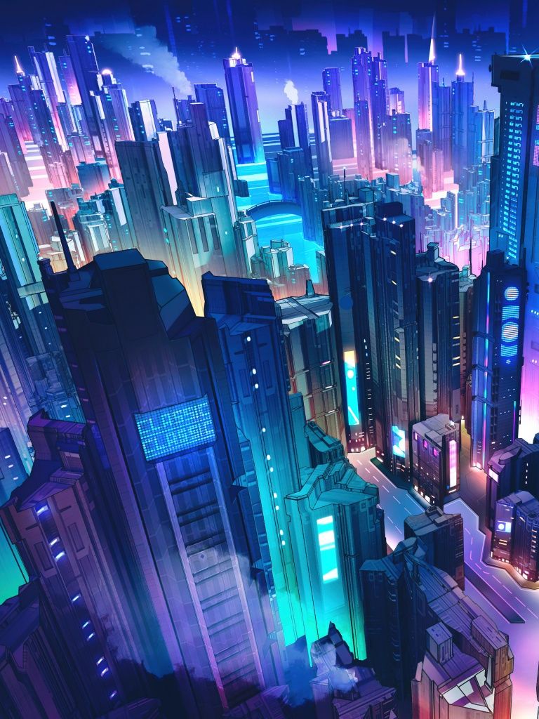 768x1024 Neon city Wallpaper 4K, Futuristic city, Cyber city