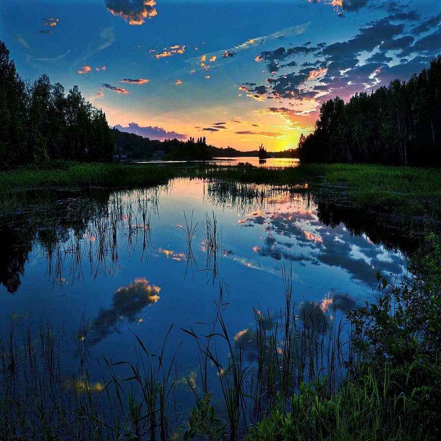 910x910 sunset, landscape, twilight, reflection, water, sky, beauty in nature, tranquility