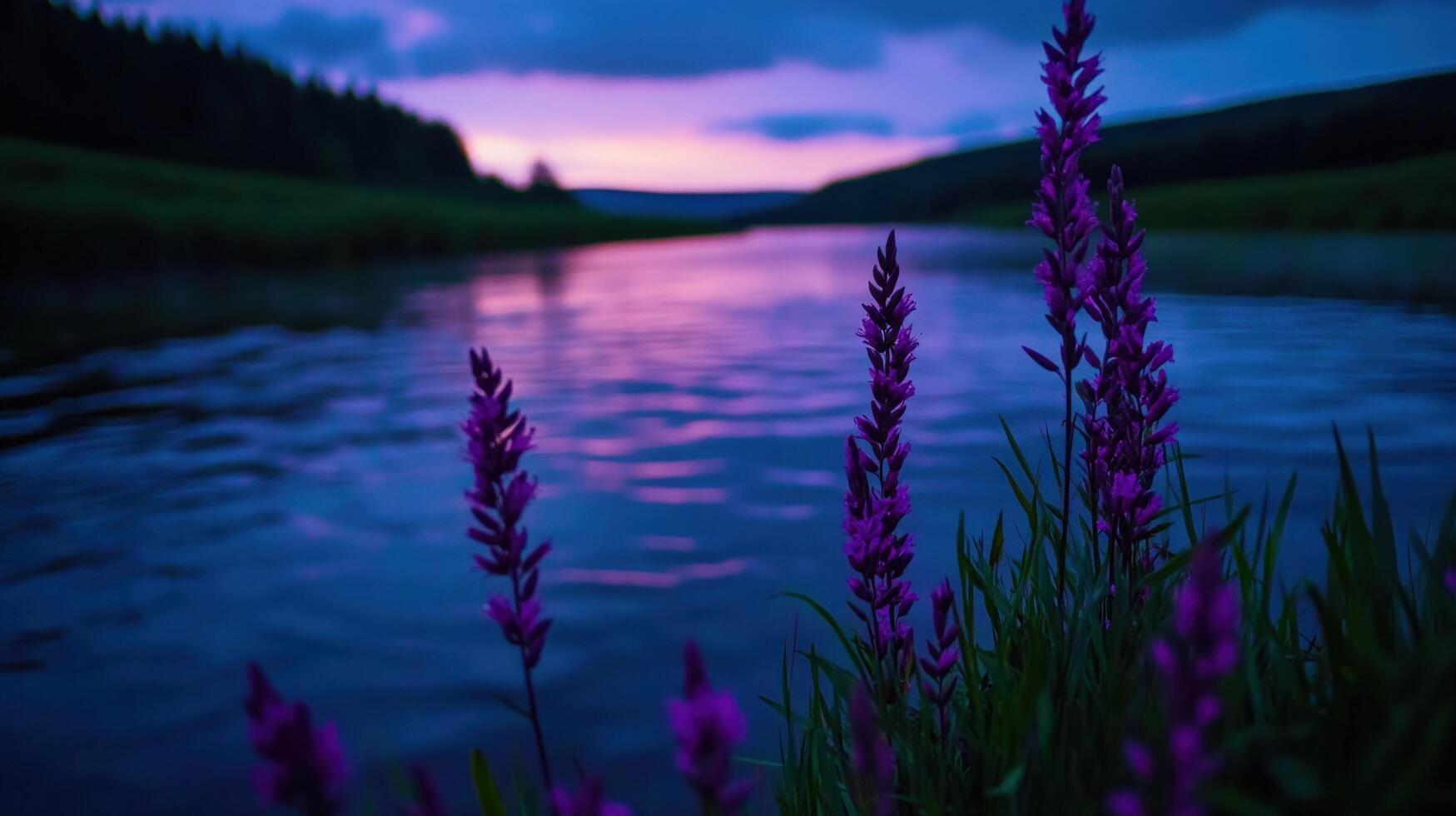 1749x980 Purple flowers by twilight river, scenic sunset background, nature peace