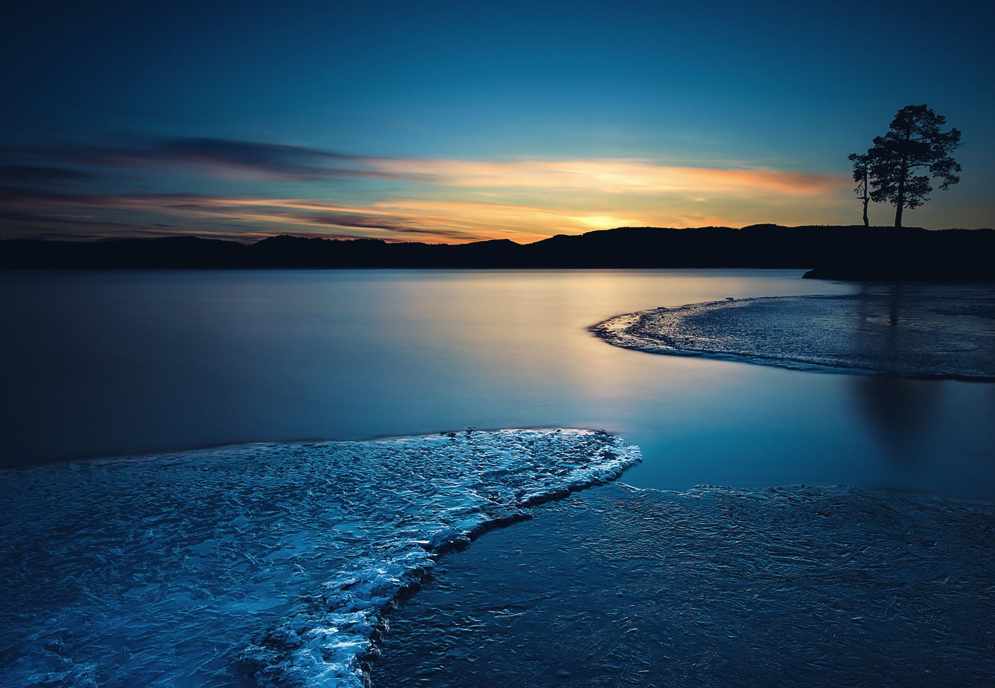 2048x1416 Wallpaper ice, twilight, sky, trees, landscape, nature, sunset, lake for mobile and desktop, section природа, resolution 2048x1416