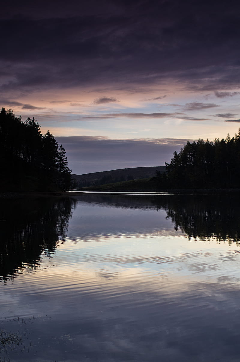 800x1205 Lake, trees, hills, twilight, landscape, HD phone wallpaper