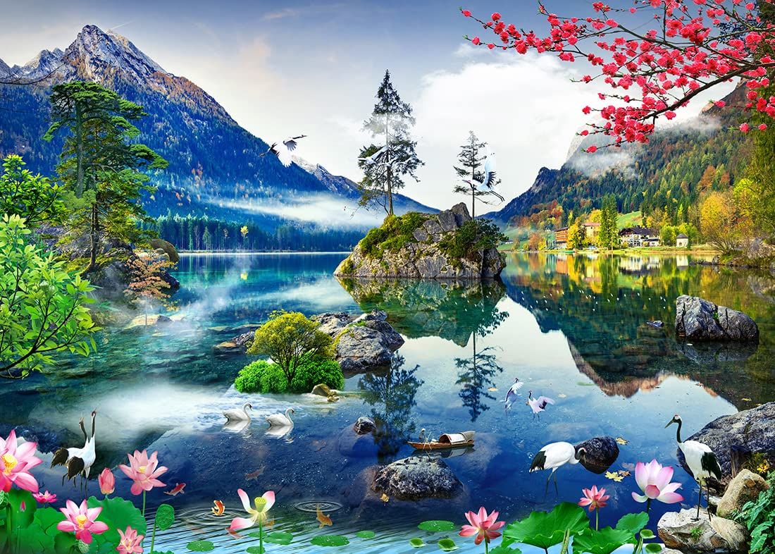 1100x786 Amazon.com : BELECO 5x4ft Fabric Mountain Lake Backdrop Mountains Forest Trees Lotus Lake Crane Canoe Spring Flowers Scenery Background Landscape Wallpaper Home Decor Photo Studio Props