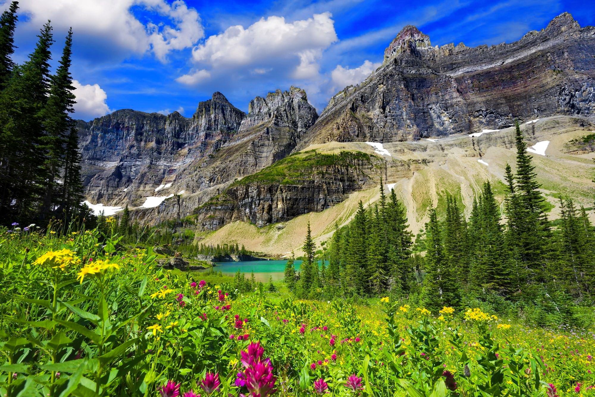 2000x1335 Spring Serenity: HD Wallpaper of Cliffside Lake and Wildflowers