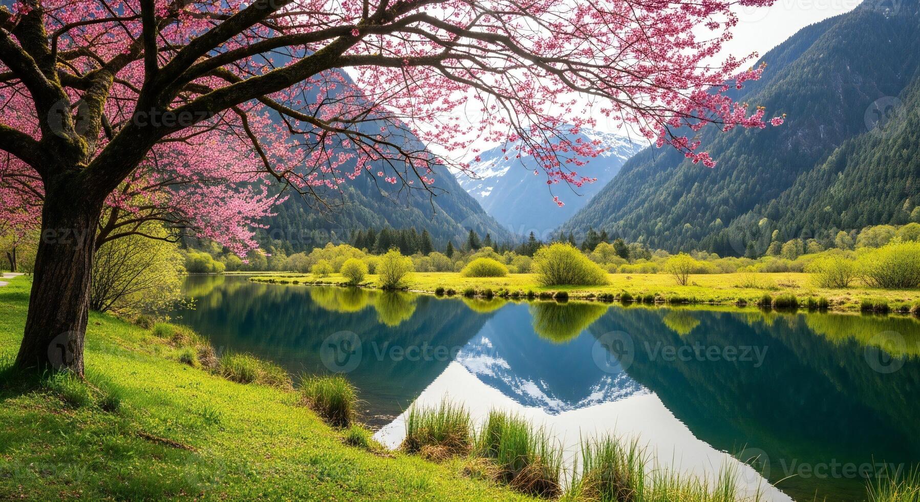 1797x980 Nature background, Nature wallpaper, Serene mountain lake reflects a flowering cherry tree and snow capped peaks in spring
