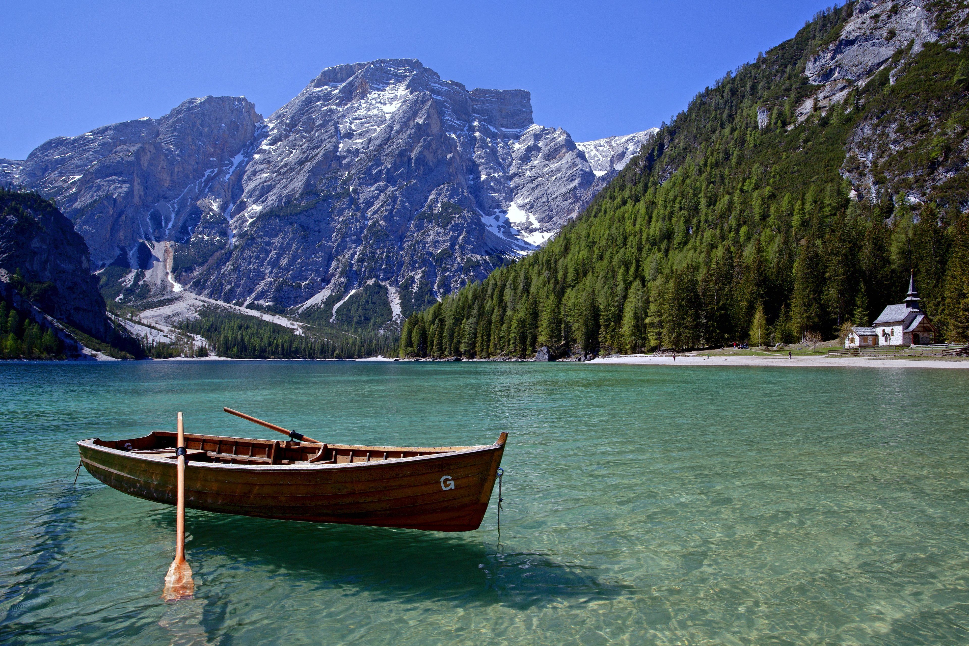 3840x2560 landscape, Nature, Boat, Lake, Spring, Mountains, Forest, Trees, Snow Wallpaper HD / Desktop and Mobile Background