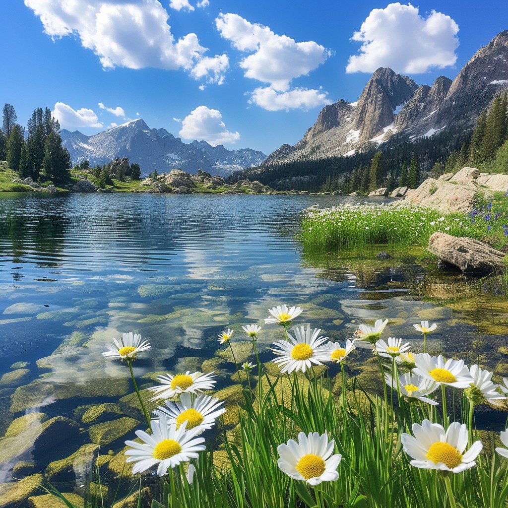 1024x1024 Free Mountain Lake Blooms Image, Lake, Wildflowers