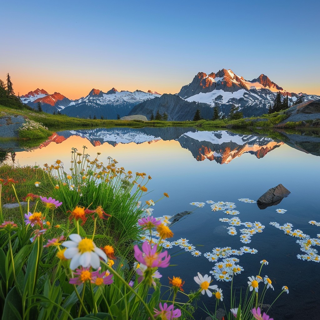 1024x1024 Free Serene Mountain Lake Image, Mountains, Sunset