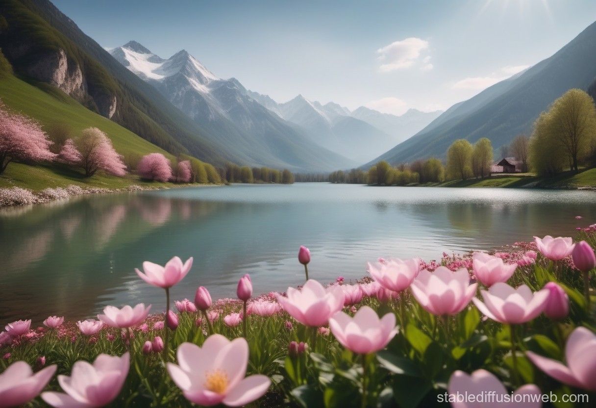 1216x832 Spring Mountain Lake with Blossoming Flowers and Petals. Stable Diffusion Online