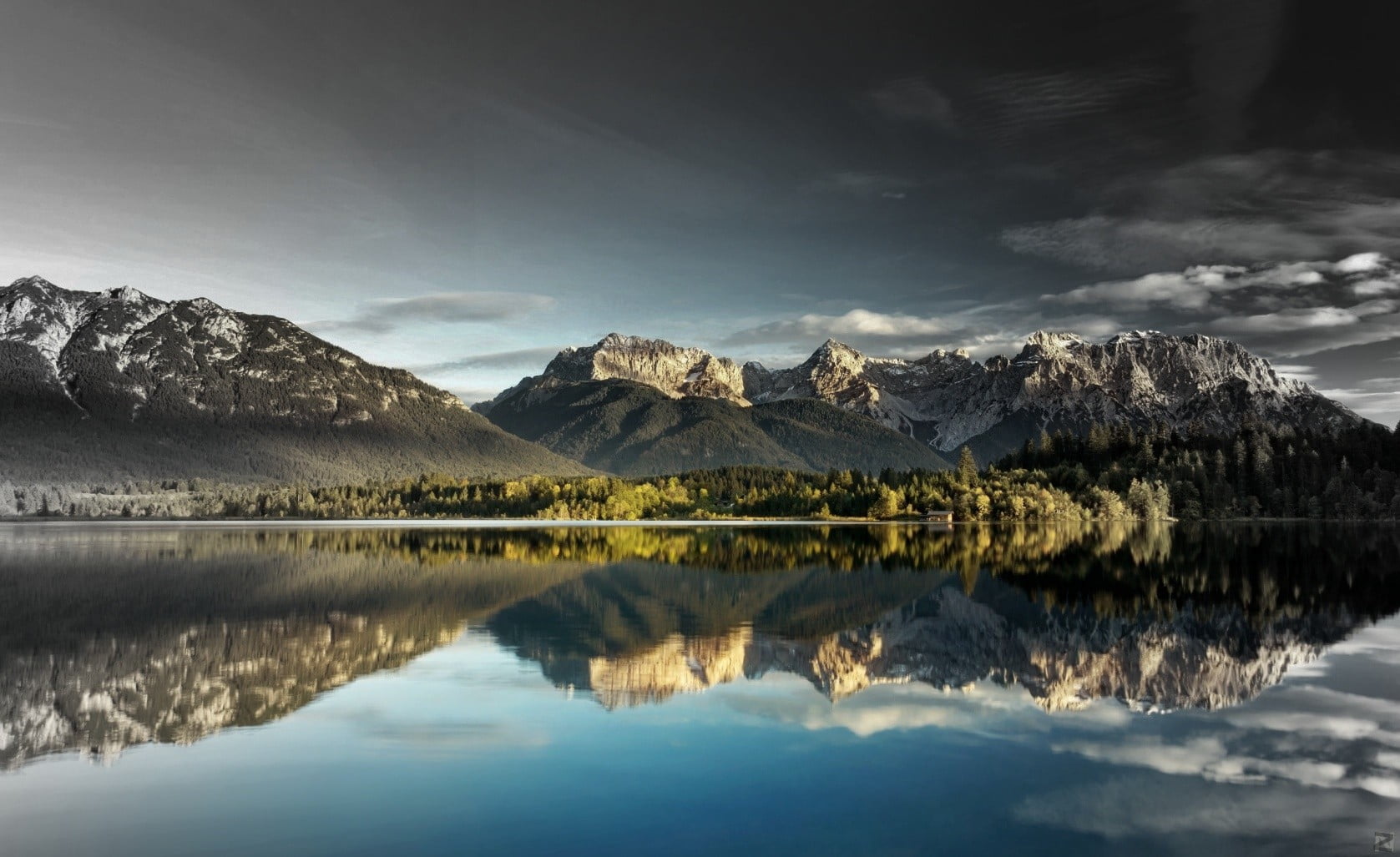 1677x1027 Glacier mountains, spring, lake, mountains, forest HD wallpaper