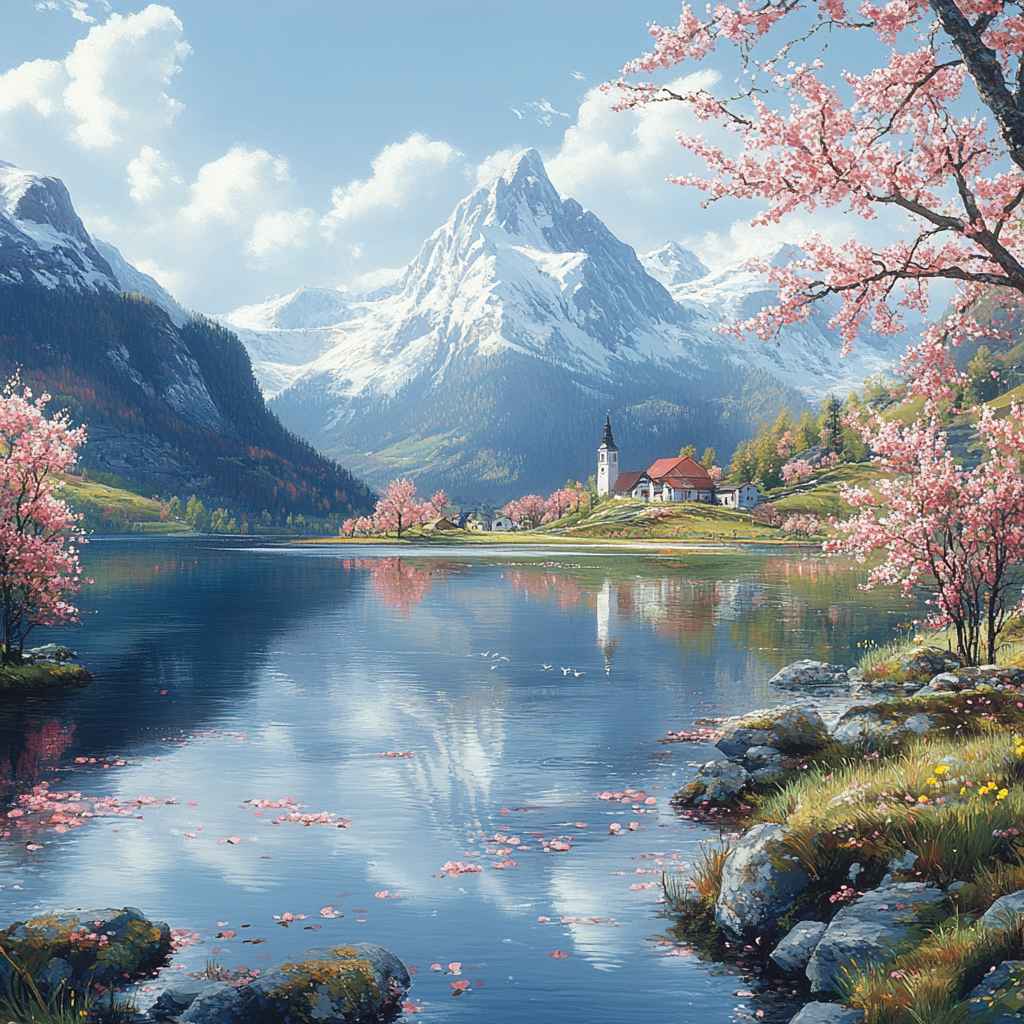 1024x1024 Alpine Lake Spring Blossom Desktop Wallpaper: Scenic Mountain Village Background