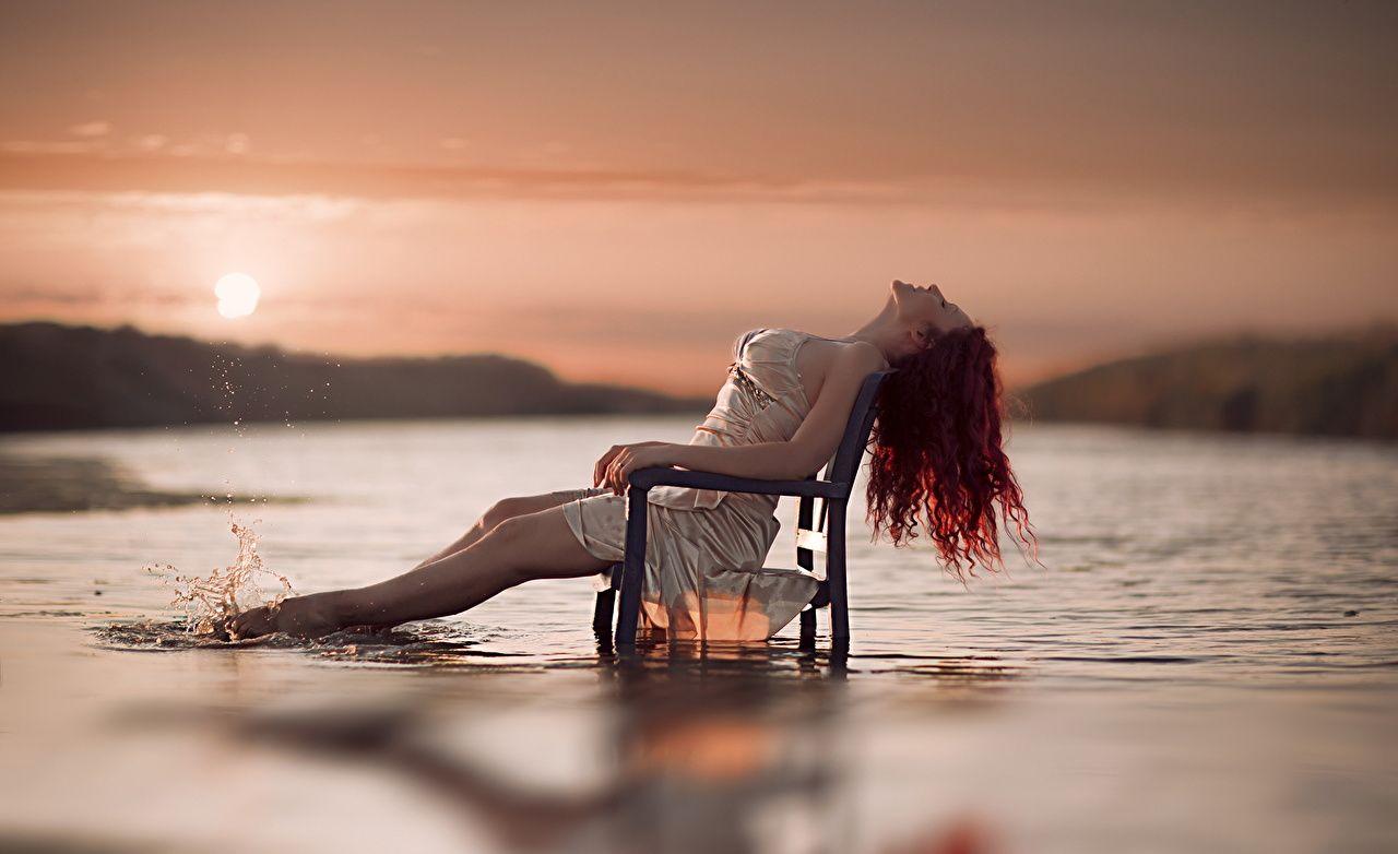 1280x782 Picture Redhead girl young woman sit Water Chairs Evening