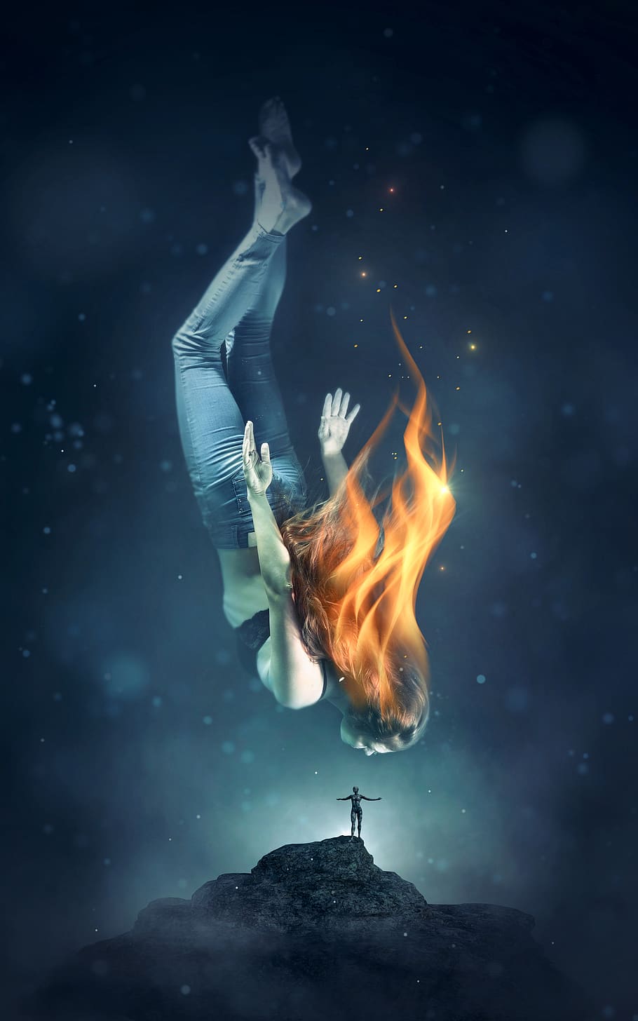 910x1456 HD wallpaper: book cover, fantasy, woman, water, fire, flame, diving, girl