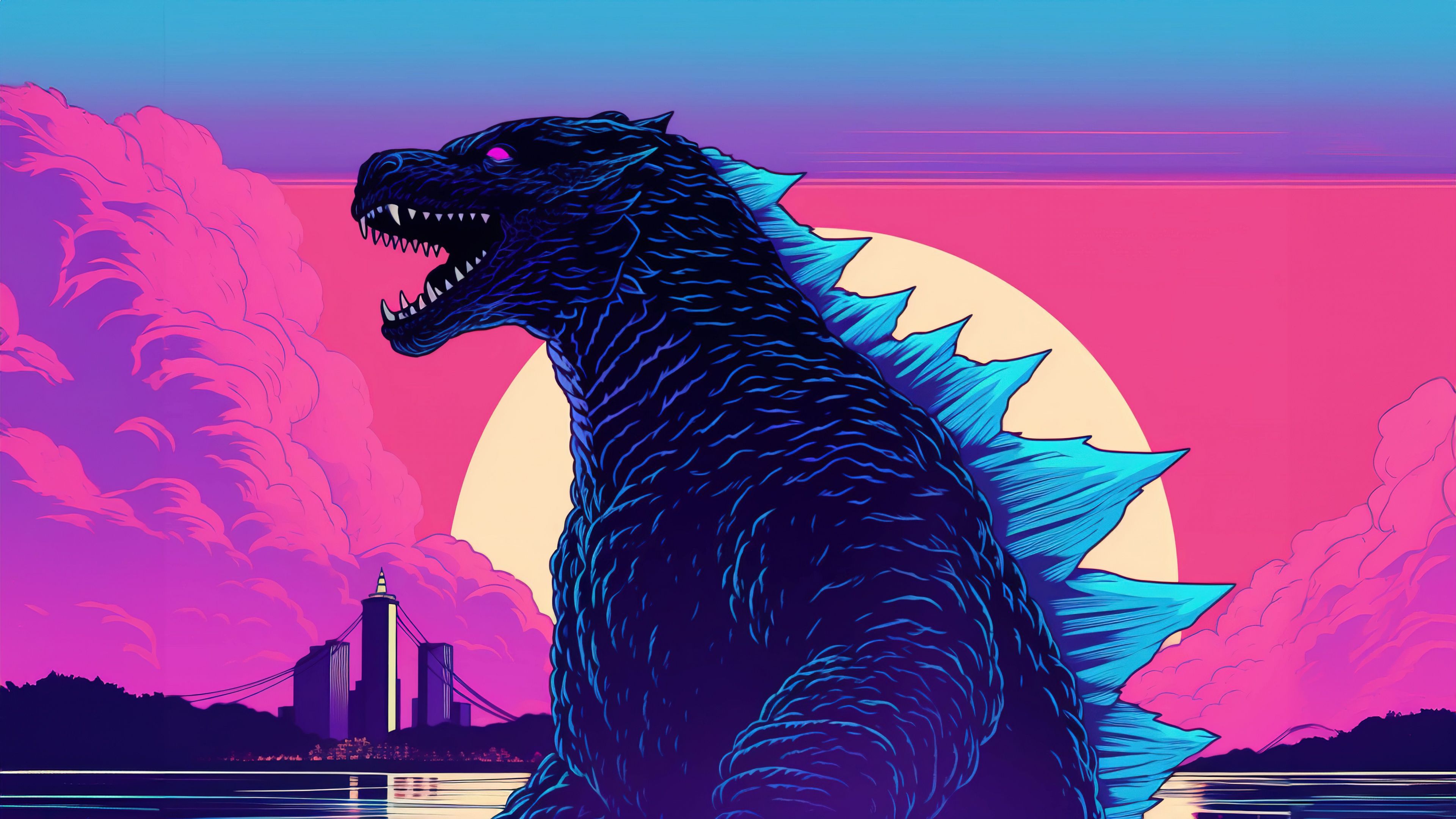 3840x2160 Godzilla Wallpaper 4K, RetroWave art, 5K, Kaiju
