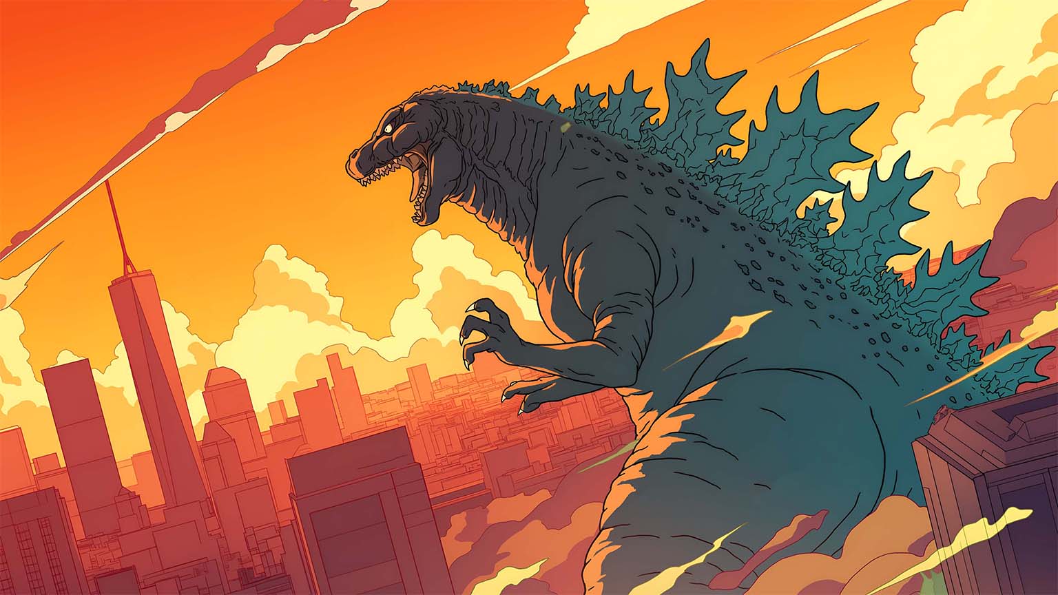 1536x864 Godzilla Attack Art Style PC Wallpaper in HD & 4K
