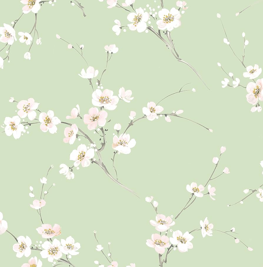894x910 Casa Mia Cherry Blossoms Vinyl Peel & Stick Wallpaper Roll (Covers 30.75 sq. ft.) (Green)