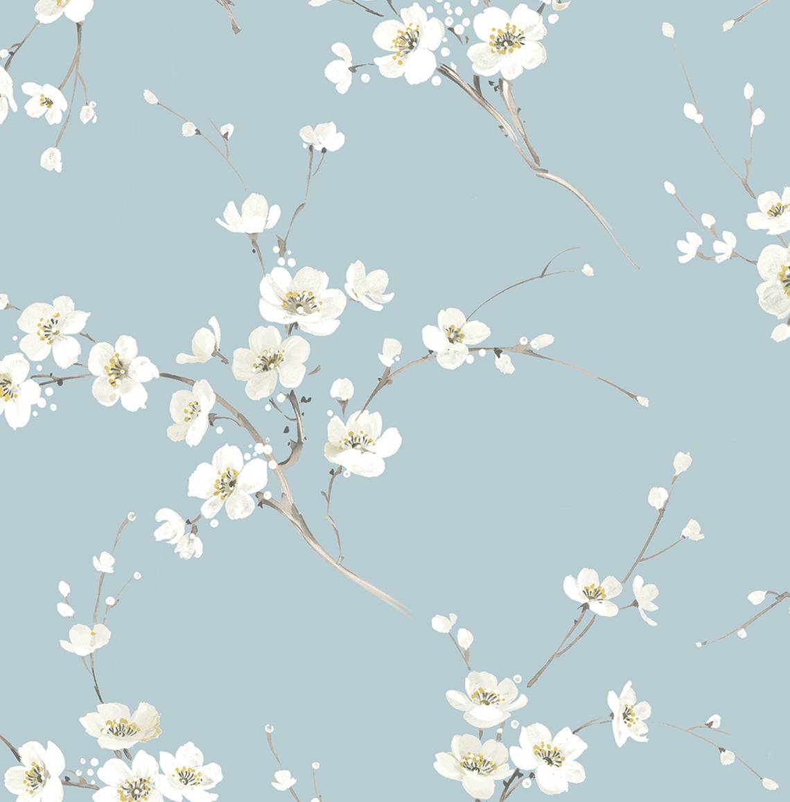 1140x1157 Seabrook Designs Sky Blue Blossoming Branches Prepasted Wallpaper