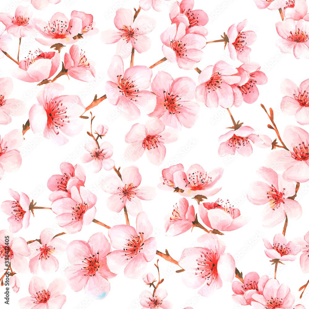 1000x1000 Seamless Pattern With Japanese Sakura With Pink Flowers. Cherry Blossom Background For Textile, Wallpaper Or Wrapping Paper. Stock Illustration