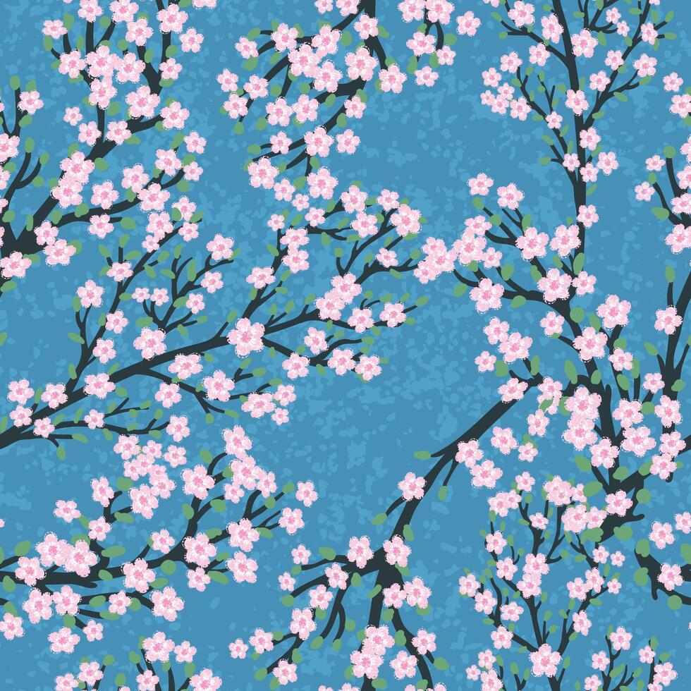 980x980 Seamless Pattern with Colorful Illustration of Cherry Blossom on Blue Background