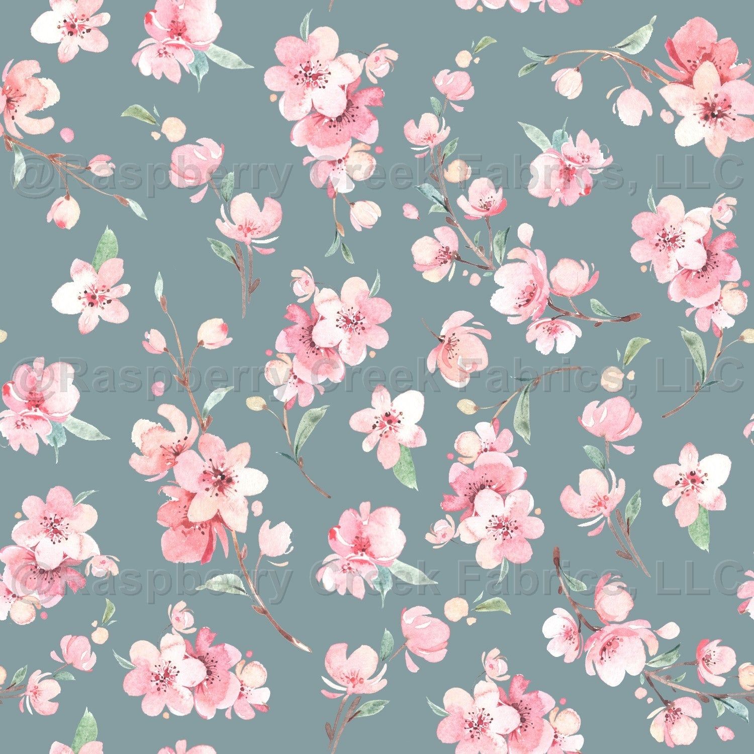 1500x1500 Dusty Blue Pink and Sage Cherry Blossom Floral Print Fabric, Spring Florals Fabric, Raspberry Creek Fabrics