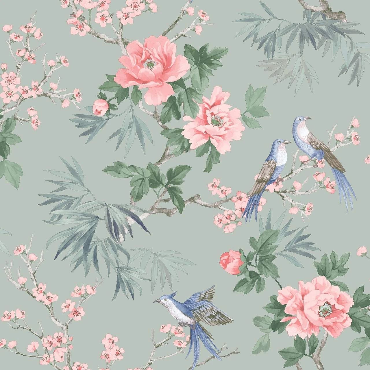 1280x1280 Chinoiserie Cherry Blossom Birds Sage Wallpaper