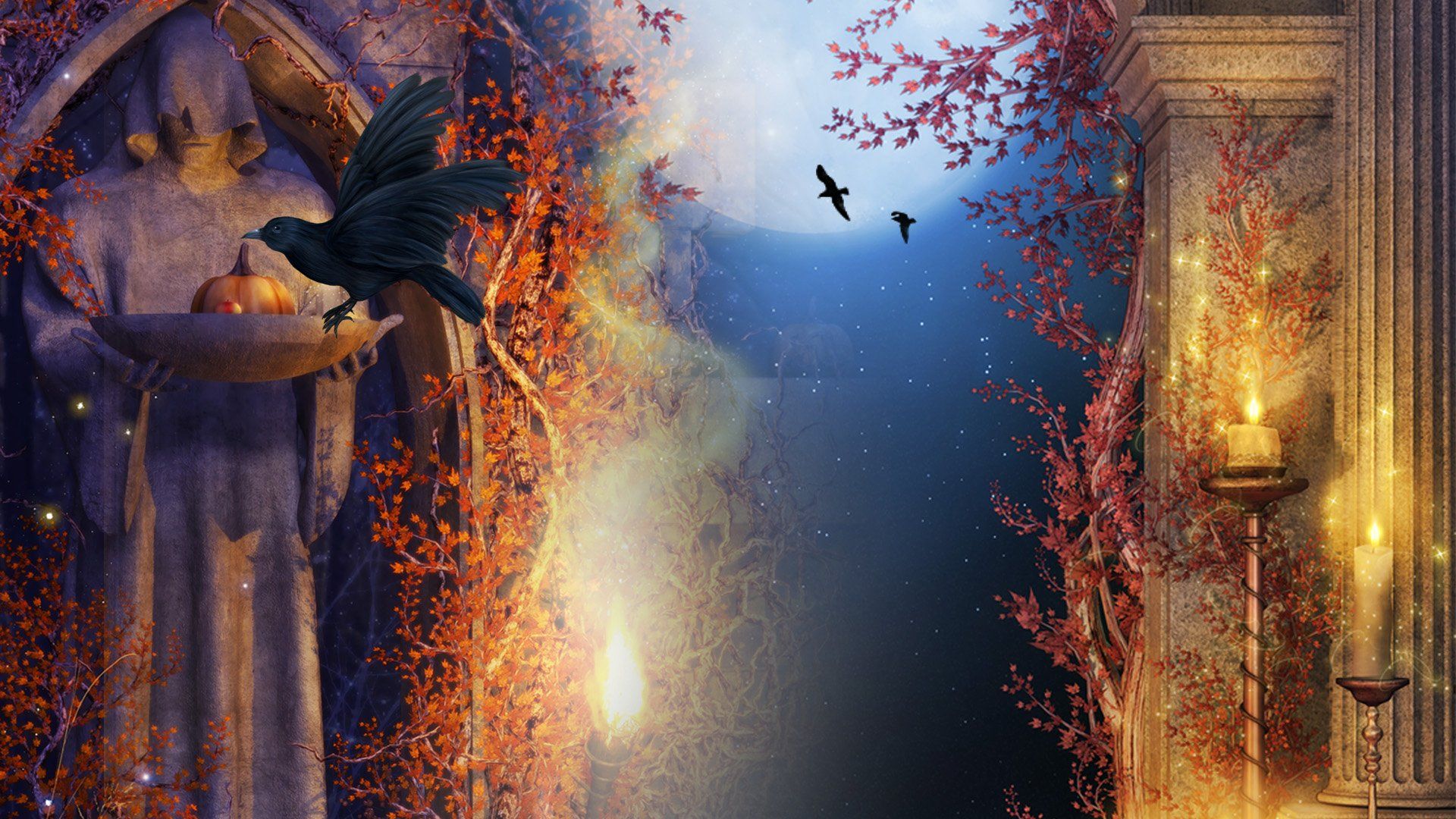1920x1080 Gothic Halloween Delight: Pumpkin & Raven HD Wallpaper