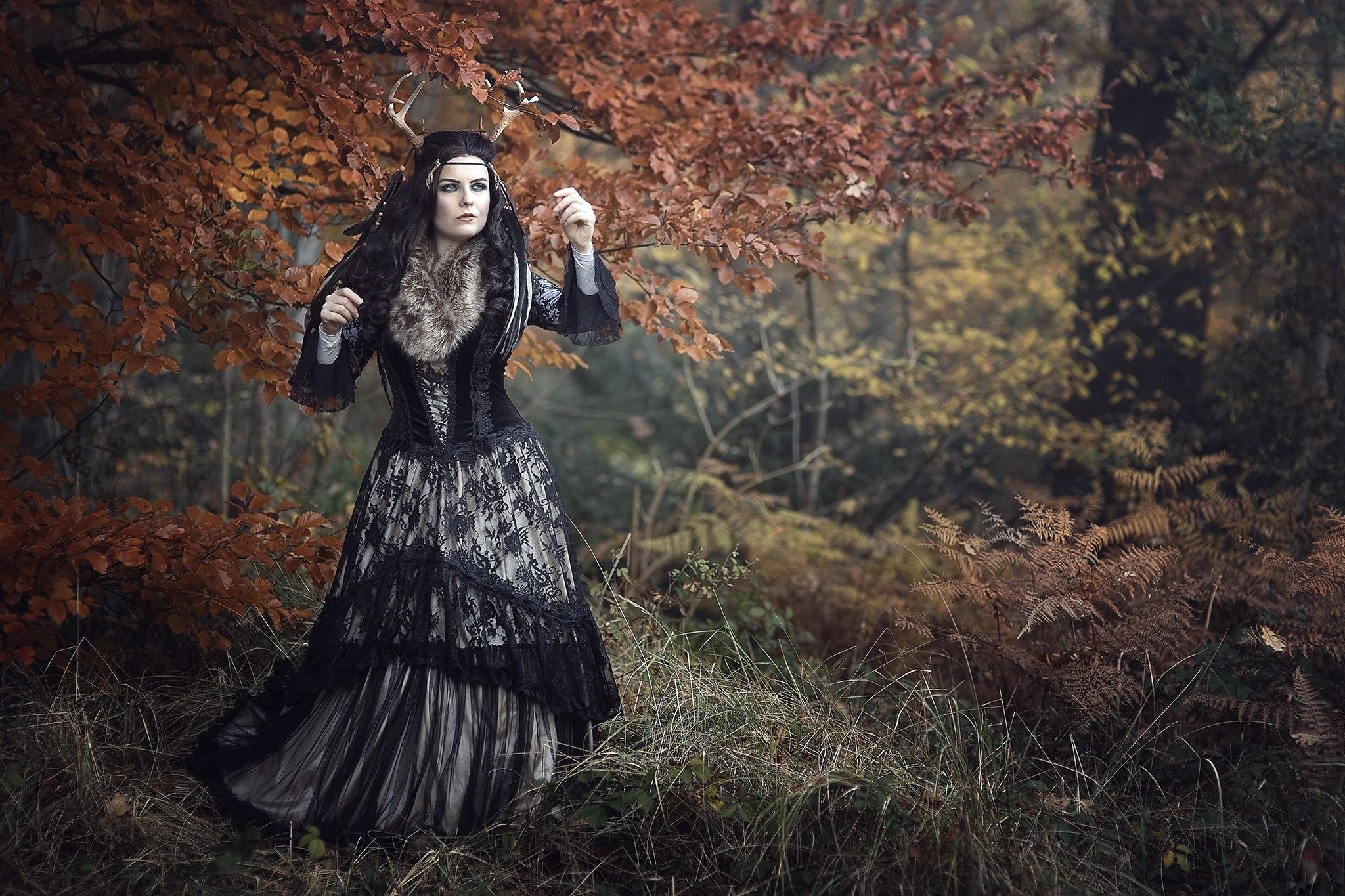 2048x1365 Download Fall Mood Style Forest Woman Cosplay HD Wallpaper