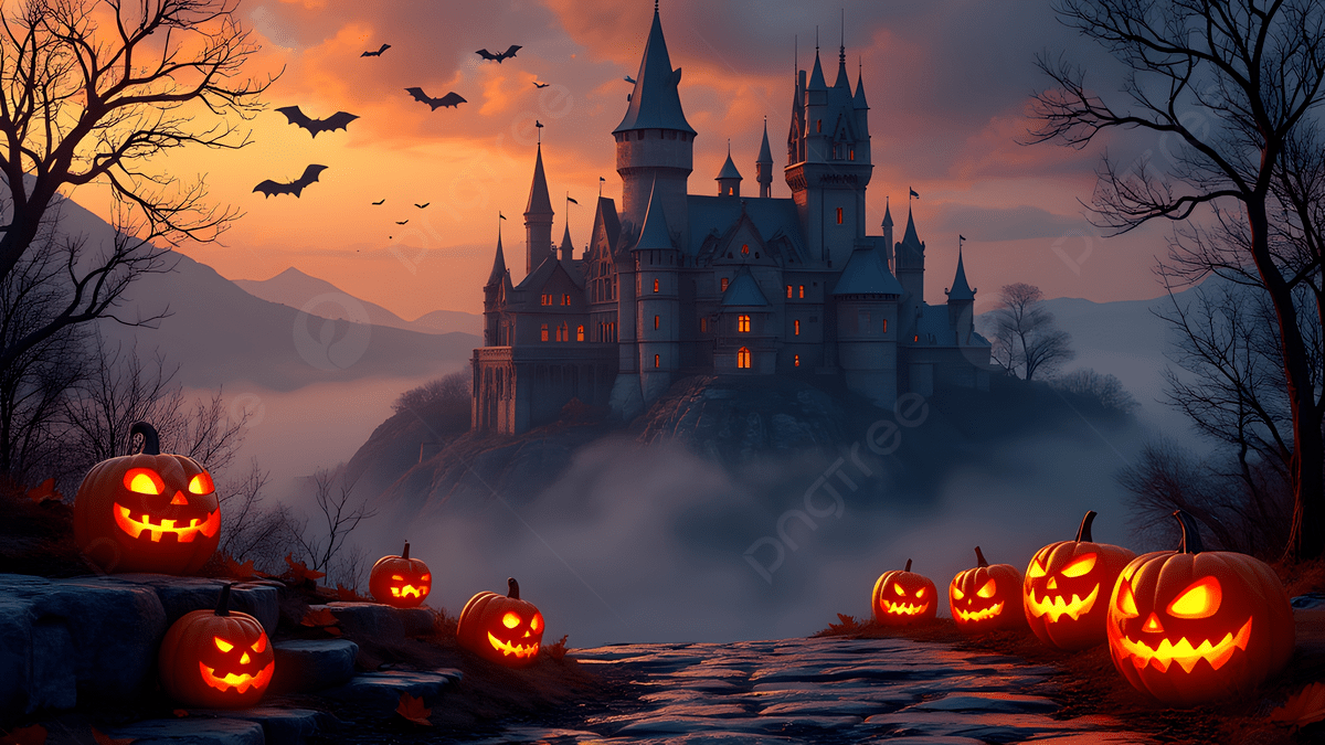 1200x675 Spooky Halloween Castle With Jack O Lanterns And Gothic Architecture In Autumn Landscape, Jack O Lanterns, Spooky Atmosphere, Fantasy Scene Background Image And Wallpaper for Free Download
