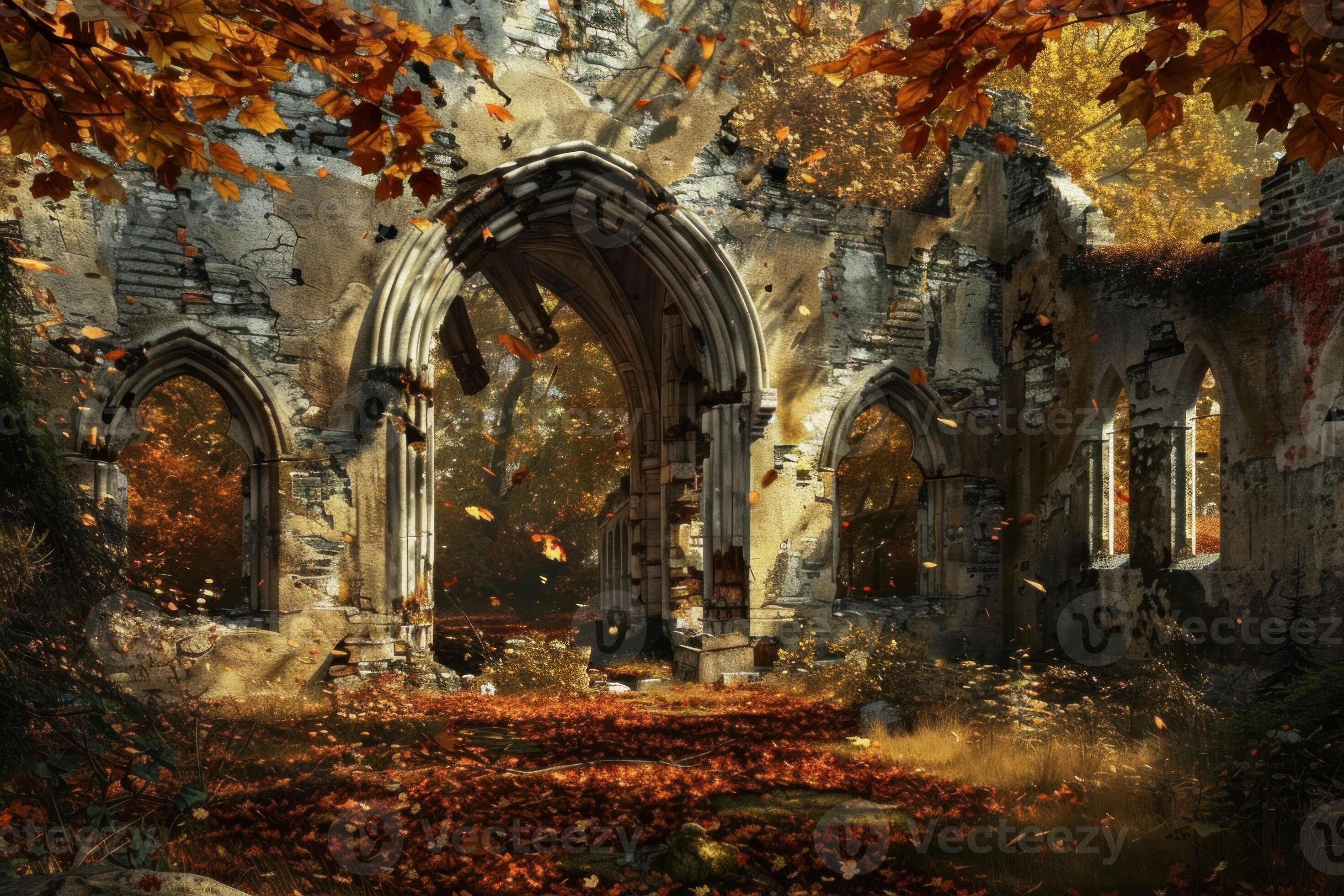 2940x1960 Gothic ruins of a church being covered by fallen leaves in autumn