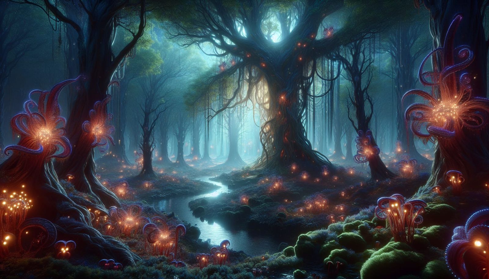 1600x914 Magical Glowing Forest with Alien Creatures in Hyp
