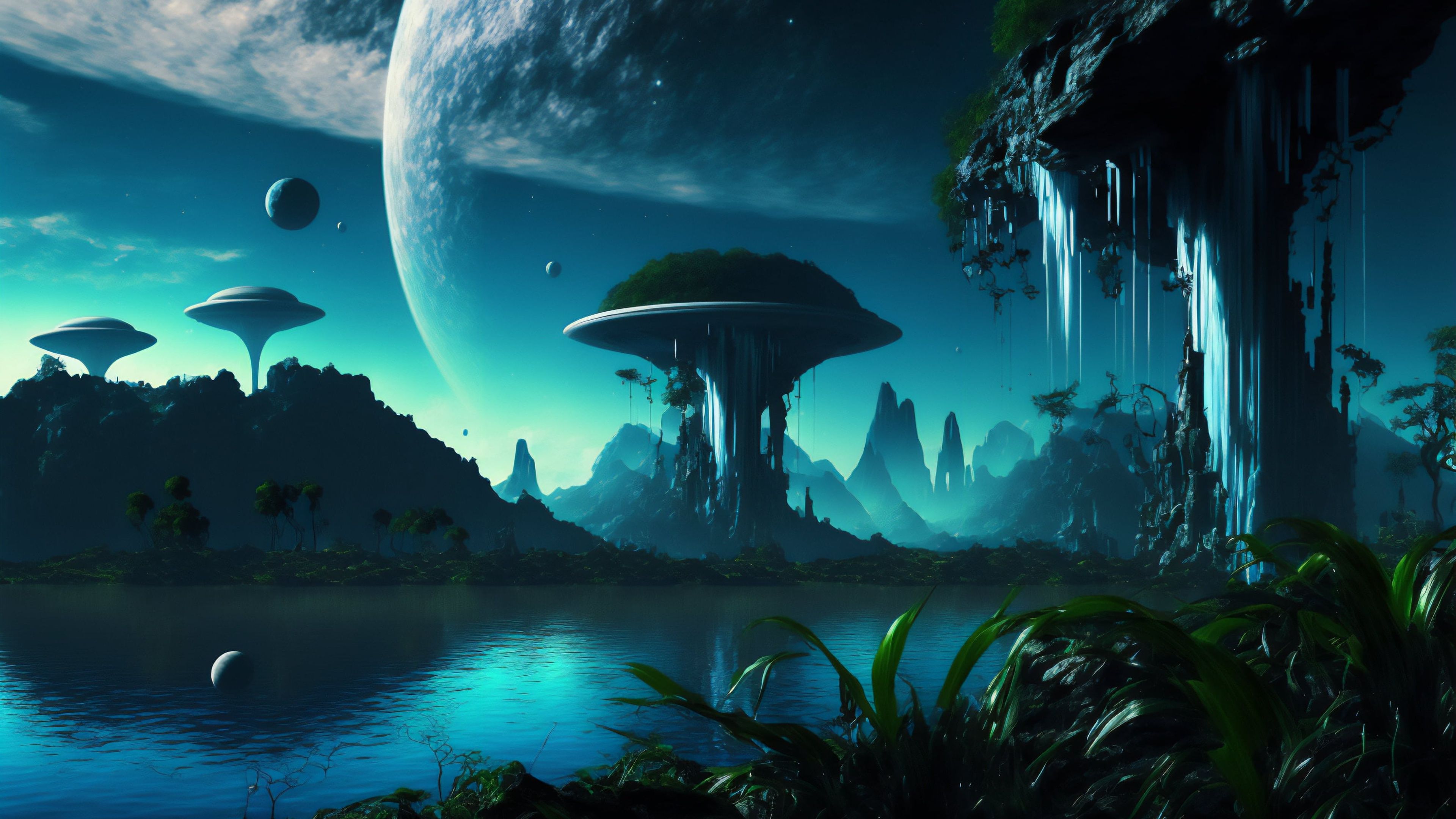 3840x2160 Wallpaper grass, trees, the moon, planet, beauty, Another world, illustration, alien planet for mobile and desktop, section фантастика, resolution 3840x2160