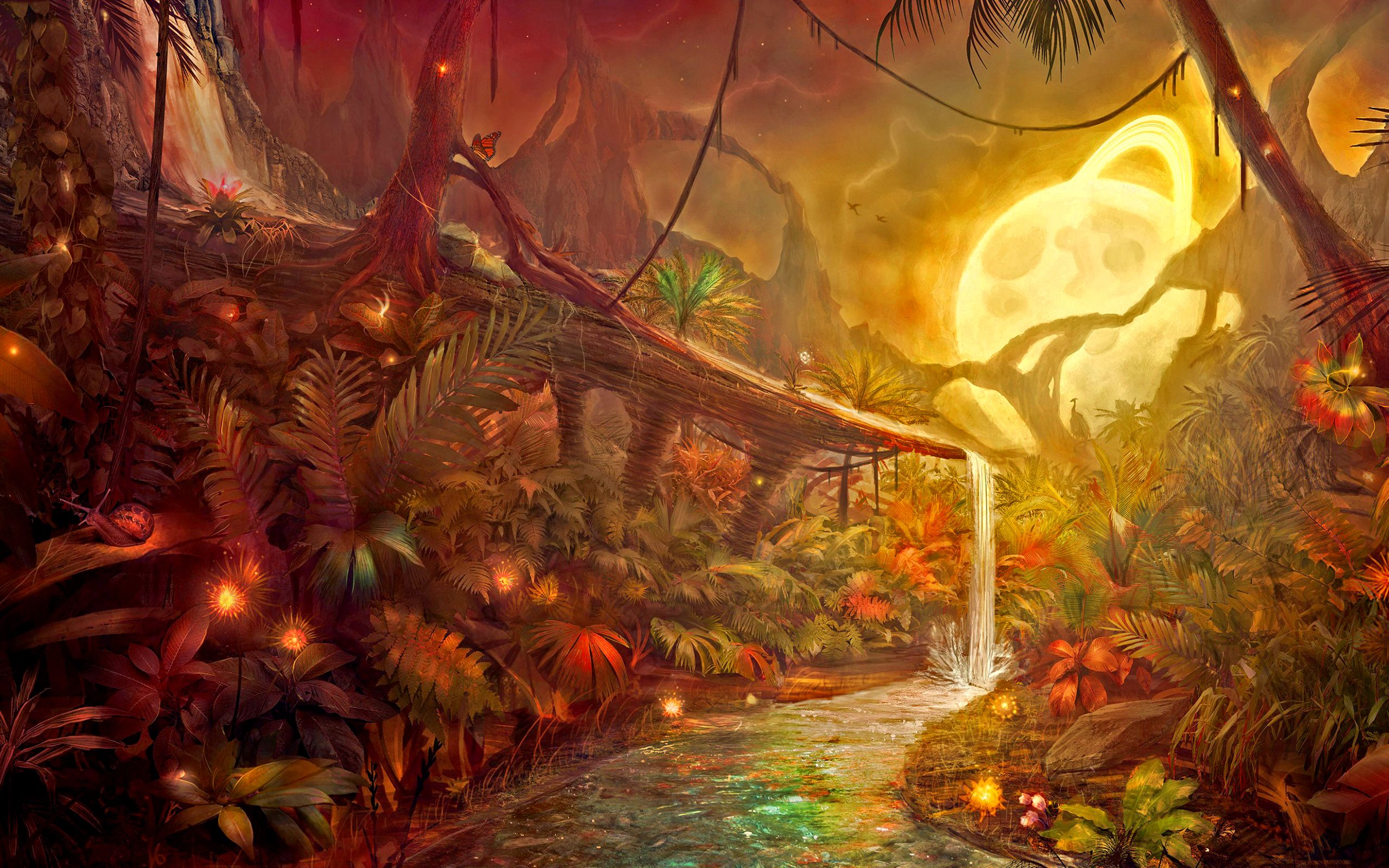 2560x1600 Mystic Planet: Enchanted Waterfall in a Fantasy Forest Landscape HD Wallpaper