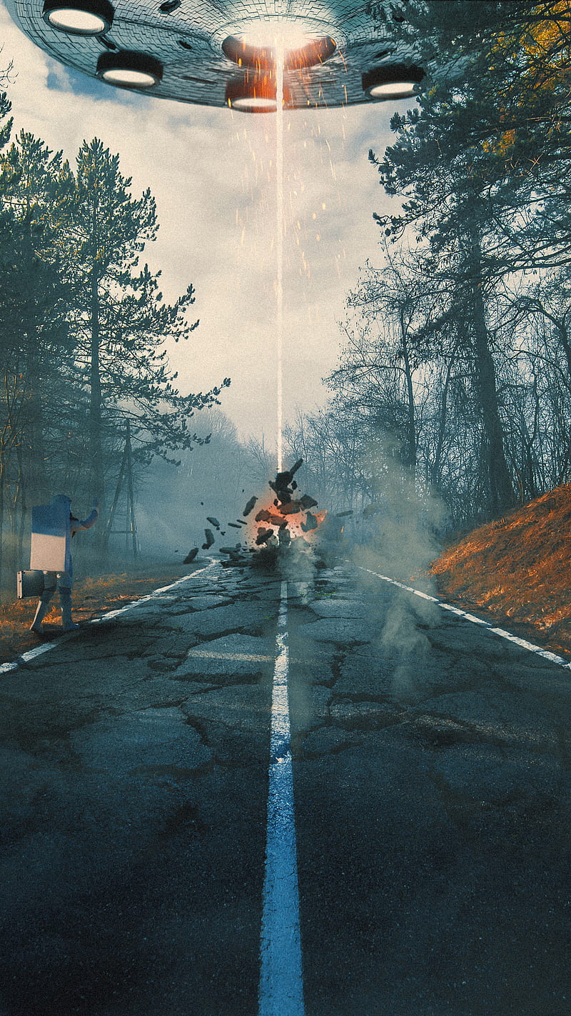 800x1422 Hitchhiking, SKB, alien, astronaut, cosmonaut, dystopian, forest, mist, road, HD phone wallpaper
