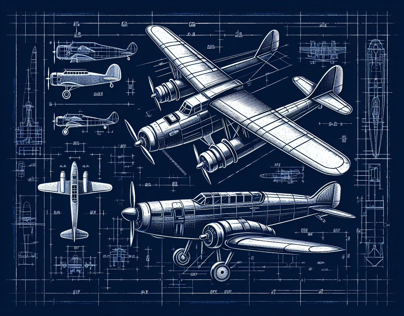 1310x1024 Airplane Mural Wallpaper. White and Midnight Blue Technical Plan