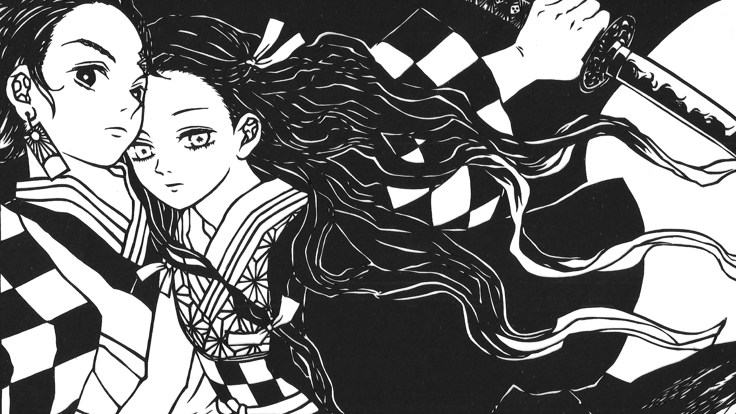 2560x1440 Demon Slayer Tanjirou Kamado Nezuko Kamado With Uncombed Hair With Black And White Background HD Anime Wallpaper