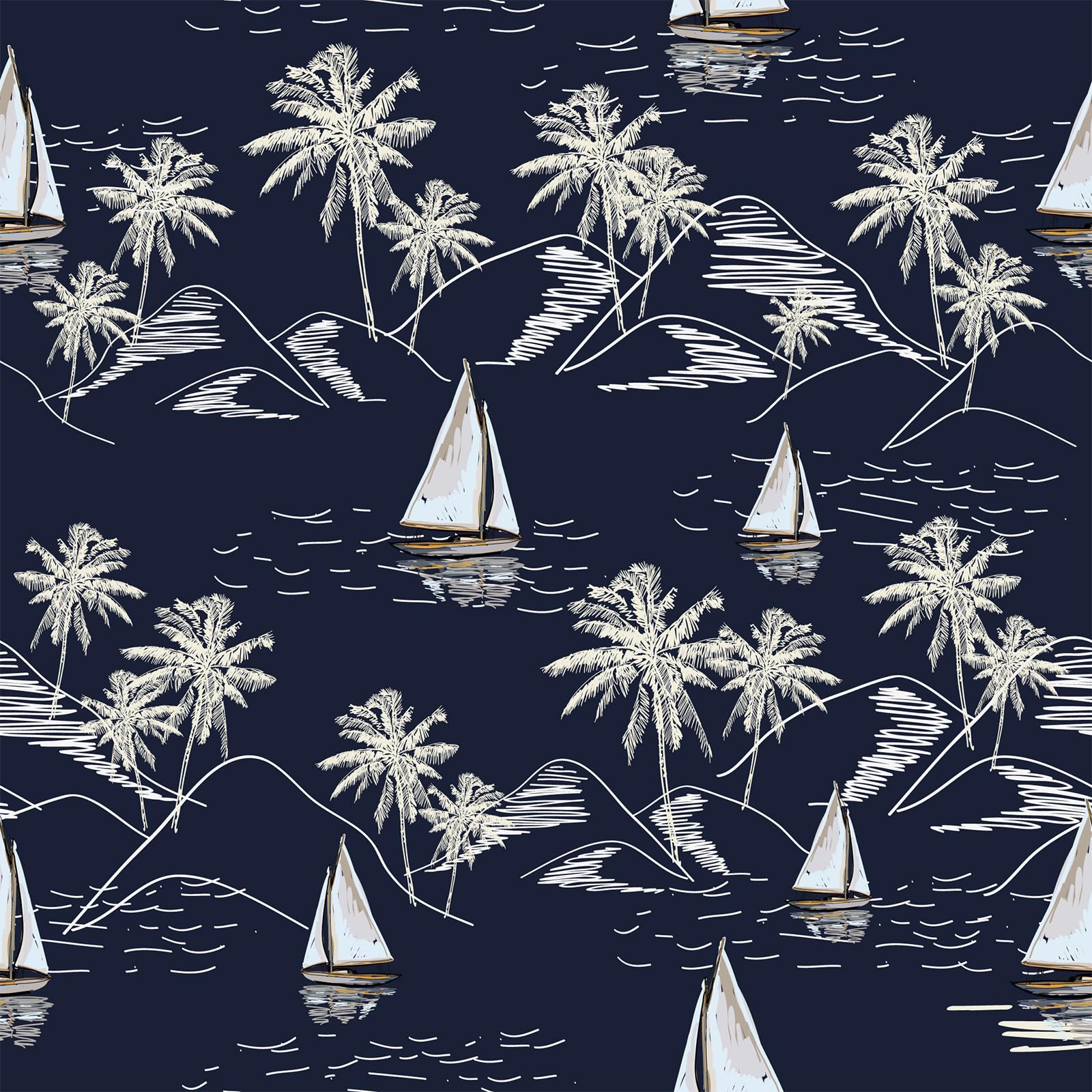 1600x1600 VaryStyle 17.7x118 Tropical Coastal Wallpaper Navy Blue White Nautical Peel And Stick Wallpaper Sailboat Mountain Palm Tree Wallpaper Mural Removable Ocean Contact Paper For Bedroom Kitchen Cabinets