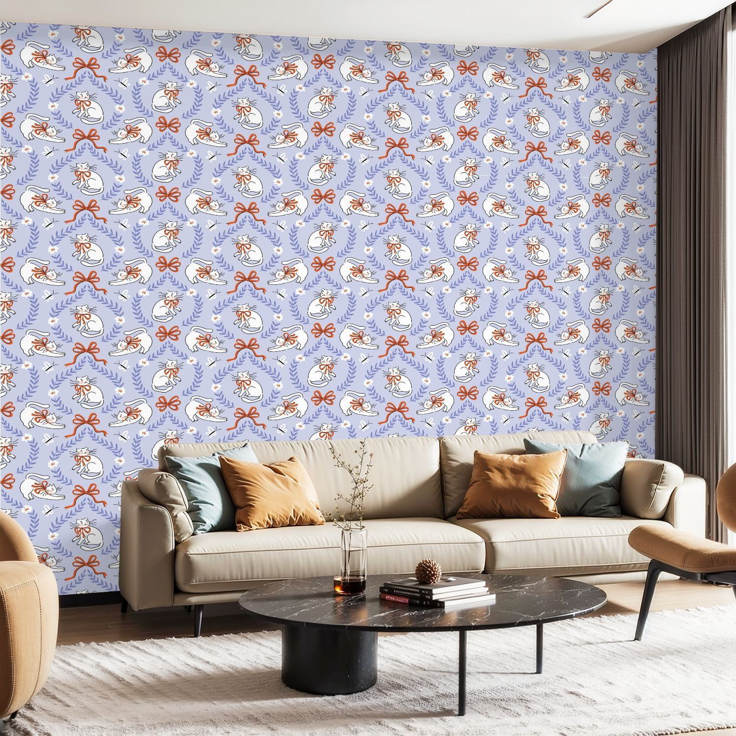 1496x1496 Peel and Stick Wallpaper Canvas Contact Paper preppy cat seamless vintage style White cute cats red bows light Self Adhesive and Removable 24in x 118in