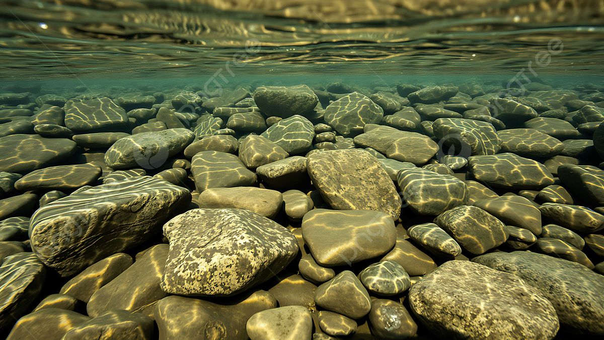 1200x675 Underwater View Of Riverbed With Sunlight Reflecting On Stones And Water Surface, Underwater, Riverbed, Stones Background Image And Wallpaper for Free Download