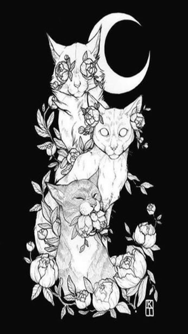 800x1422 Goth Cat, animals, cats, colorless, designs, drawings, flowers, moon, white, HD phone wallpaper