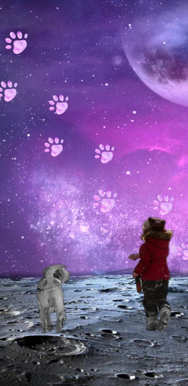 800x1644 Moon walk, dog, girl, moons, nebula, sky, space, star, stars, HD phone wallpaper