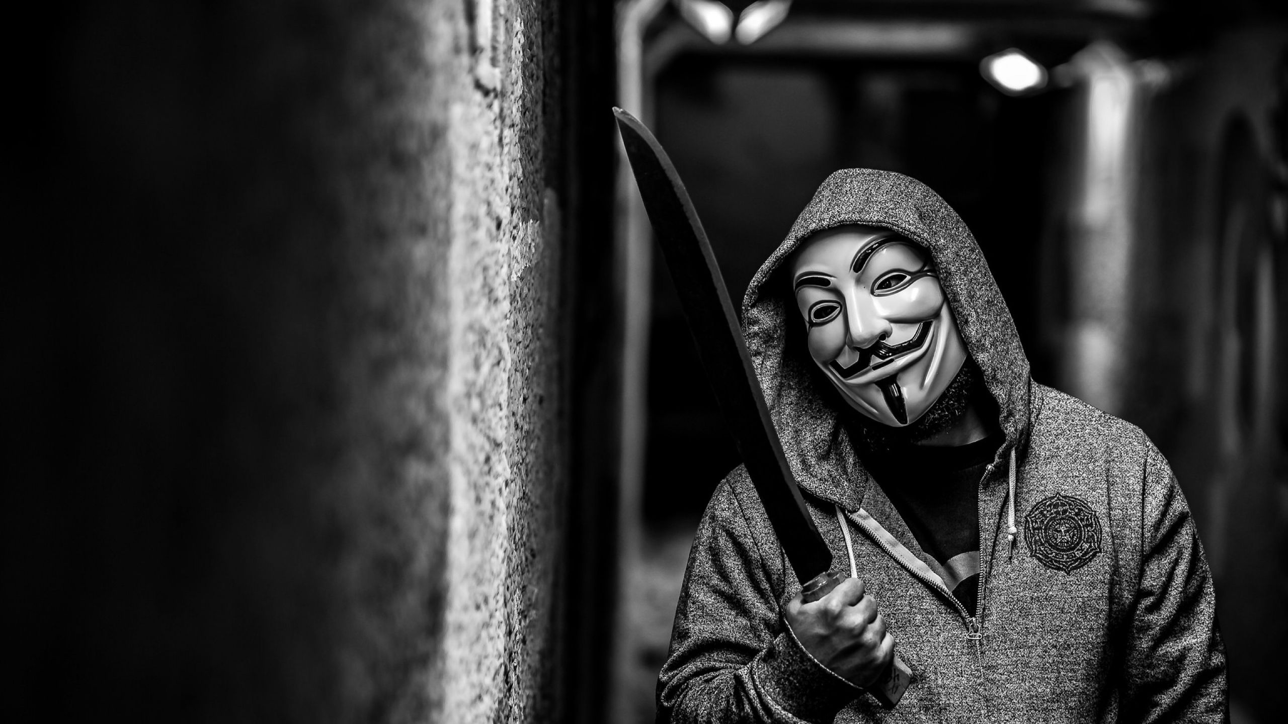 2560x1440 Anonymus Hacker With Knife Dark Background HD Hacker Wallpaper