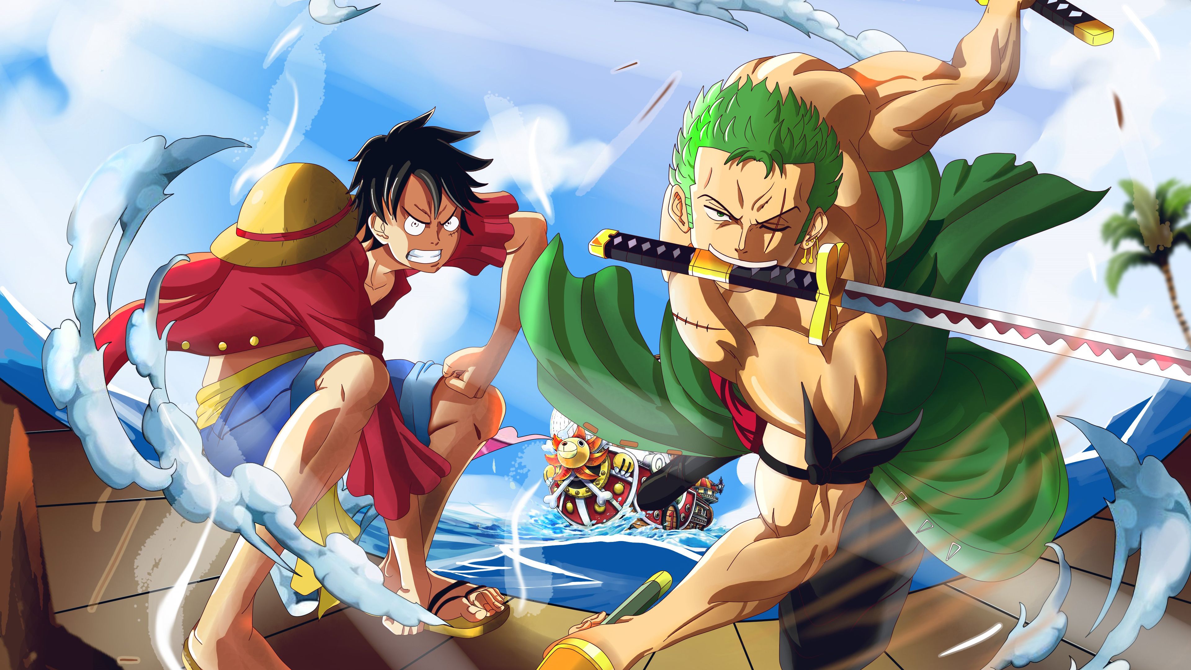 3840x2160 Monkey D. Luffy Roronoa Zoro Thousand Sunny 4K HD One Piece Wallpaper