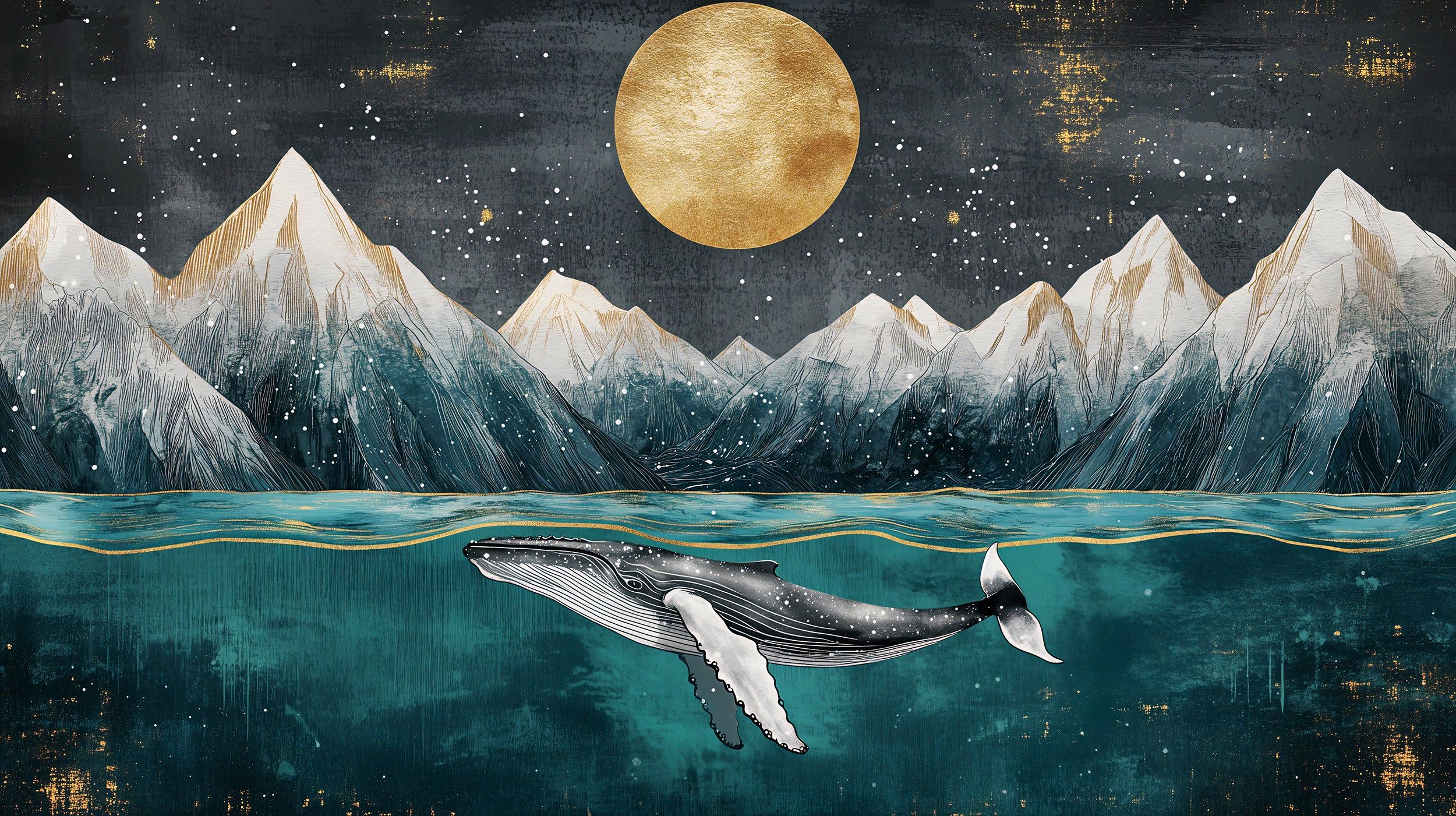 2500x1401 Whale And Mountains Art Deco Wallpaper, Dark Abstract Whale Under The Water And Sun Over The Mountains Mural, Peel And Stick Art