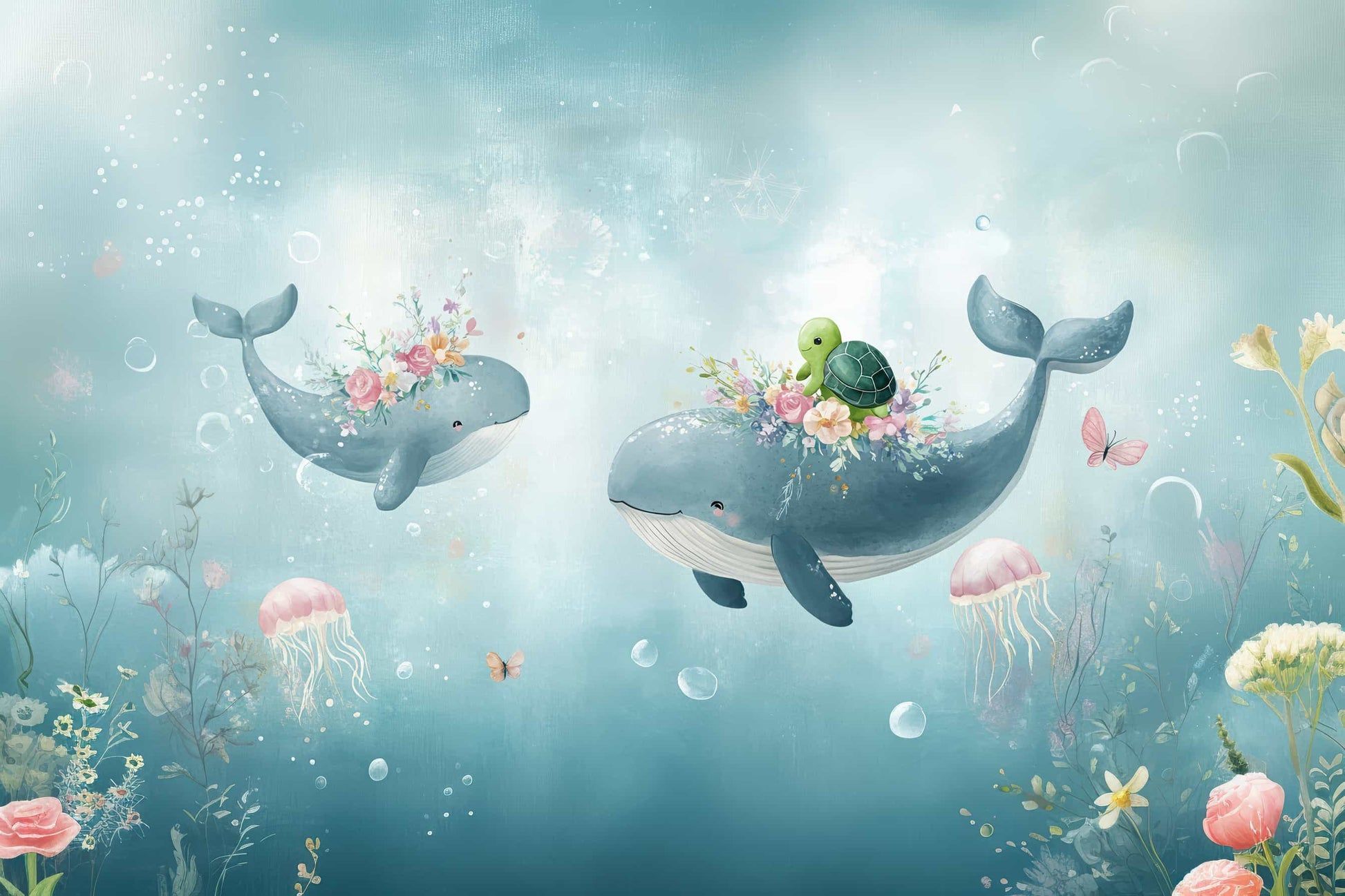 1946x1297 Under The Sea Wallpaper. Cute Watercolor Whale & Turtle Wall Mural YCO 05079