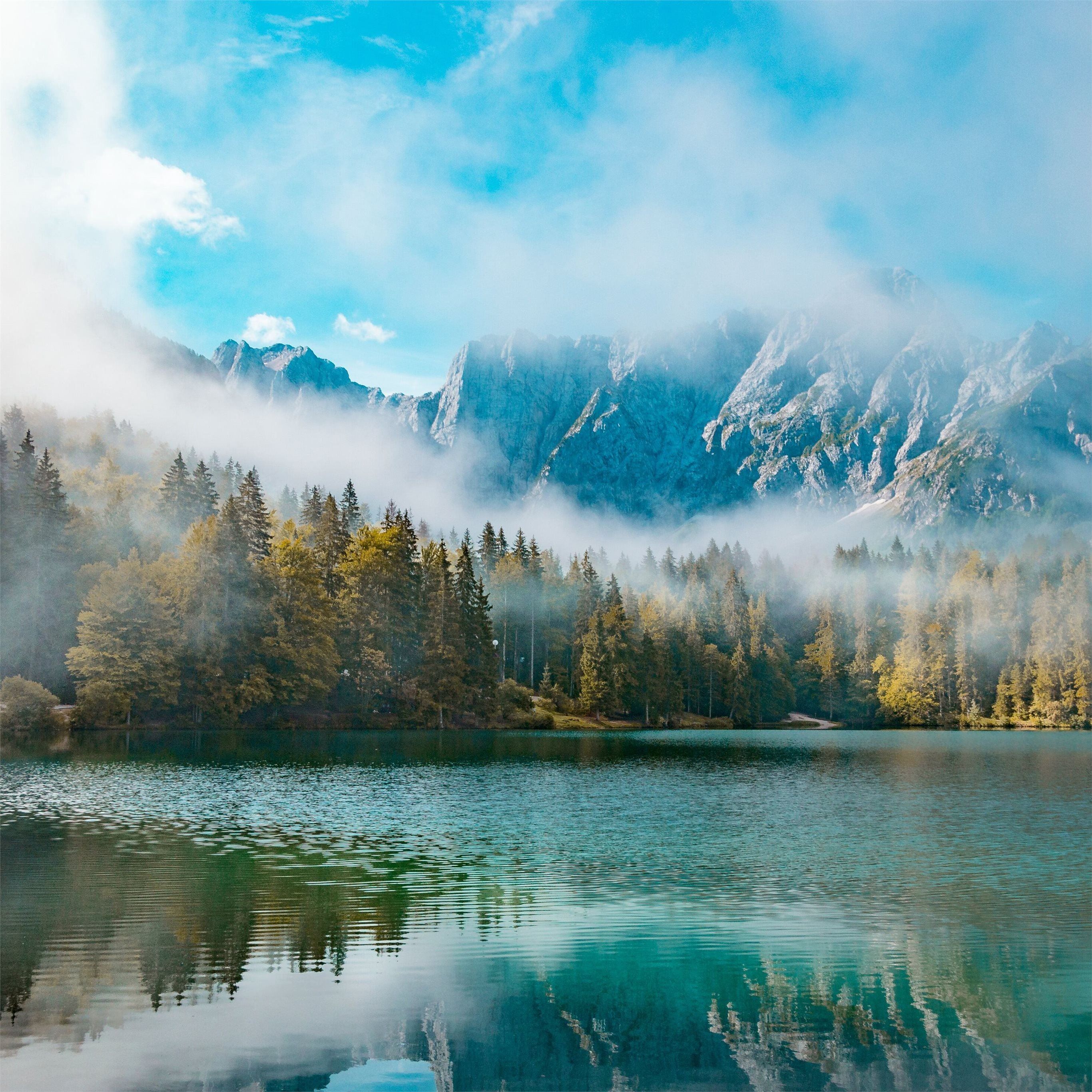 2732x2732 morning in mountains lake 4k iPad Pro Wallpaper Free Download
