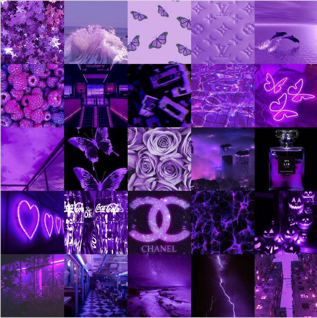 1080x1085 PCS Neon Purple Black Aesthetic Photo Collage Kit Room Decor Wall Collage (DIGITAL DOWNLOAD)