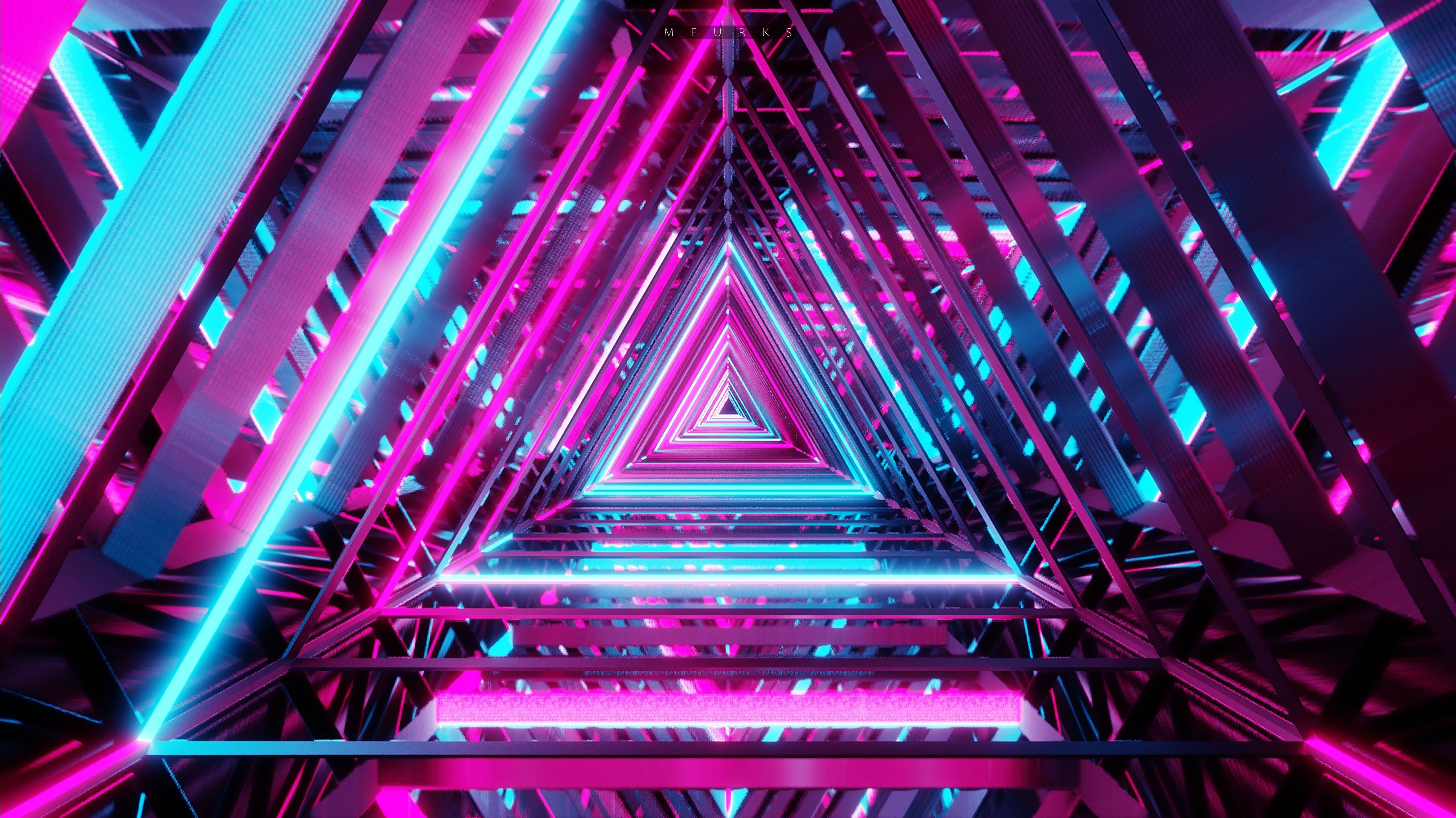 5120x2880 Neon Triangle Wallpaper 4K, Vanishing point, Pattern, Purple